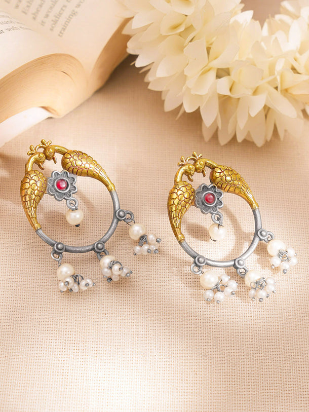 Peacock Oxidised Pearl Tassel Drop Earrings