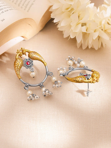 Peacock Oxidised Pearl Tassel Drop Earrings