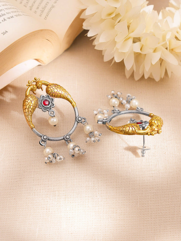 Peacock Oxidised Pearl Tassel Drop Earrings