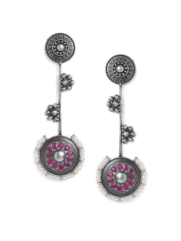 Rubans Oxidised Silver Plated Handcrafted Ruby Stone with White Pearls Drop Earrings