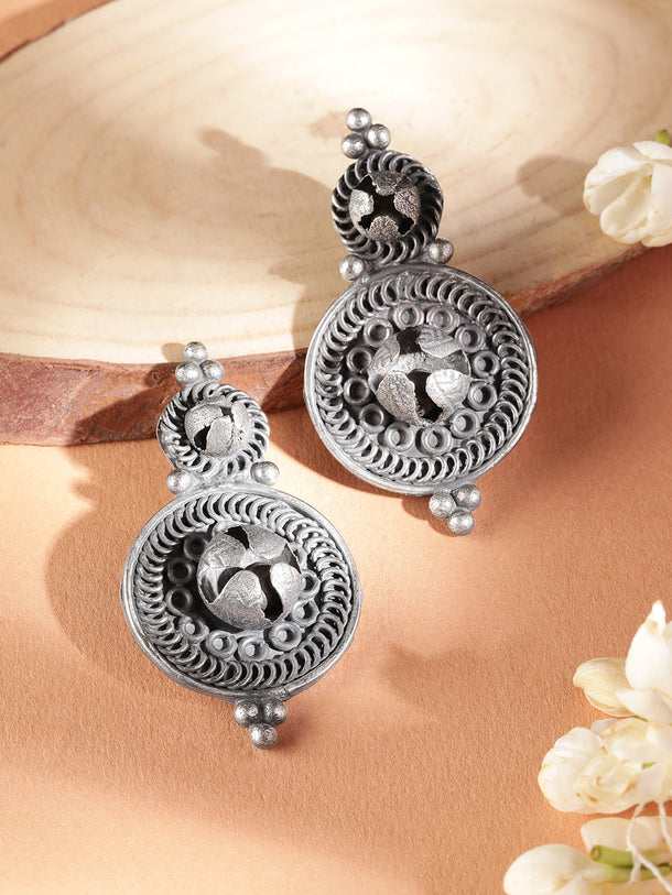 Rubans Silver-Toned Circular Oxidized Traditional Self Engraved Studs Earrings