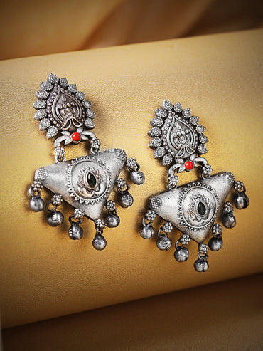 Rubans Silver Oxidised Drop Earrings With Stones And Silver Beads