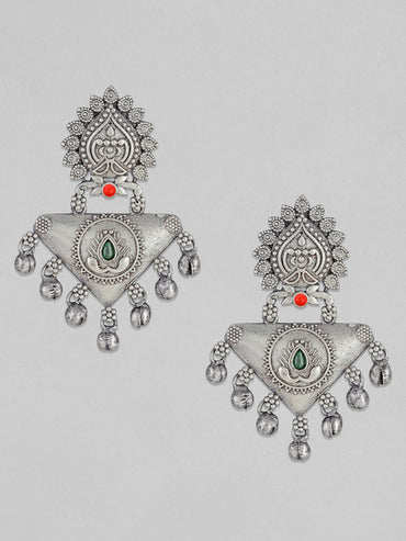 Rubans Silver Oxidised Drop Earrings With Stones And Silver Beads