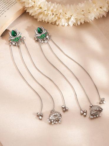 Oxidised Kashmiri Green Charm Long Chain Dangler Jhumka Earrings