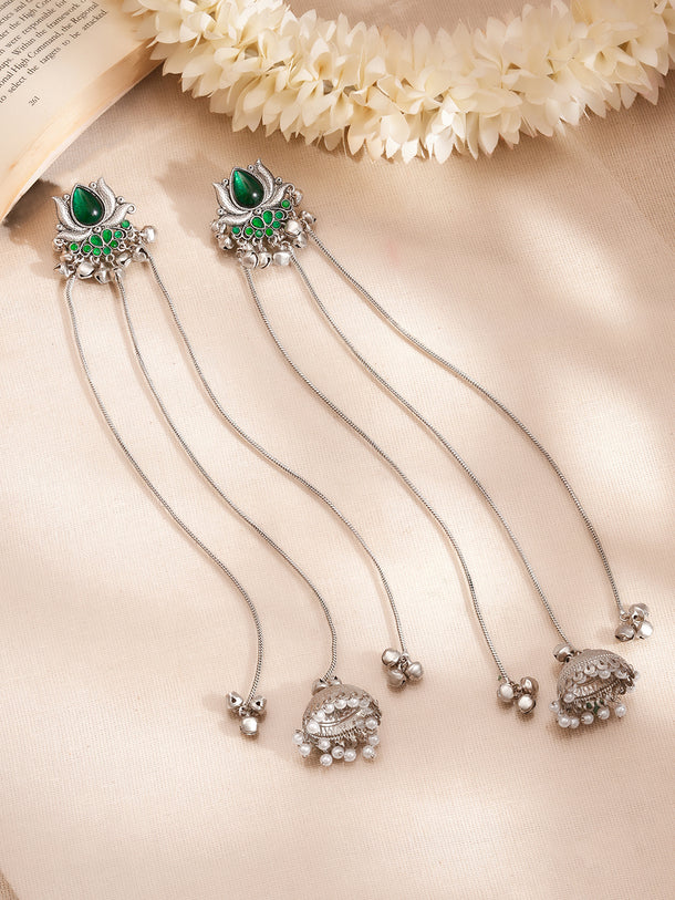 Oxidised Kashmiri Green Charm Long Chain Dangler Jhumka Earrings