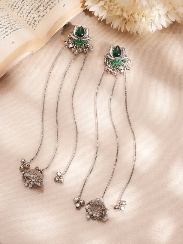 Oxidised Kashmiri Green Charm Long Chain Dangler Jhumka Earrings