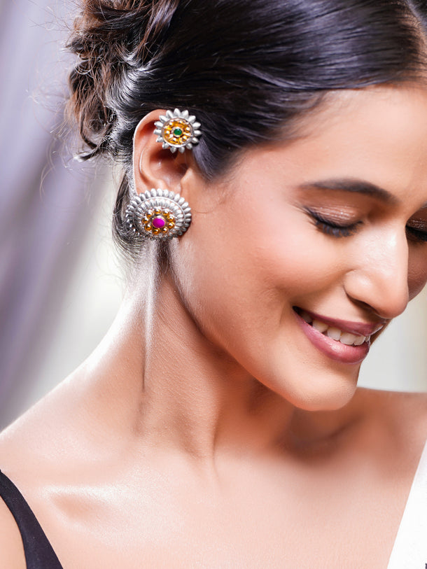 Oxidised Silver Tone Brass Green & Ruby Pink Floral Statement Ear Cuff