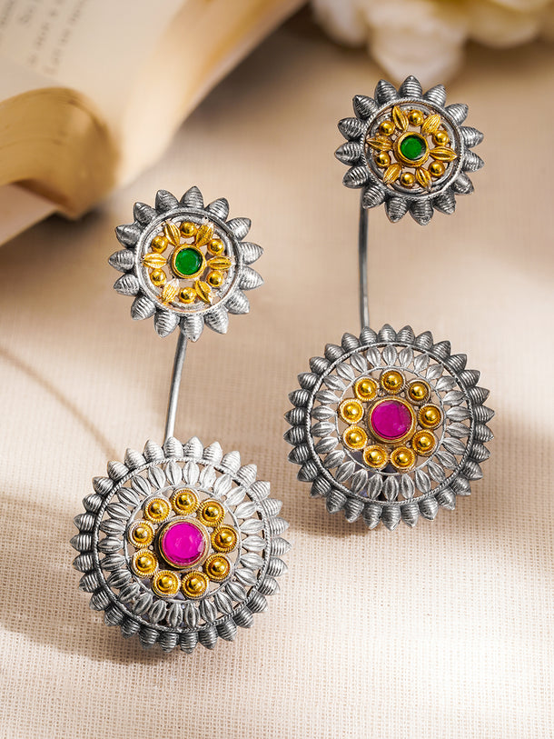 Oxidised Silver Tone Brass Green & Ruby Pink Floral Statement Ear Cuff