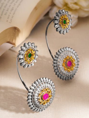 Oxidised Silver Tone Brass Green & Ruby Pink Floral Statement Ear Cuff