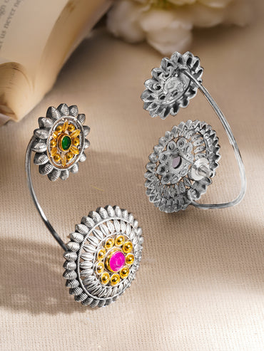 Oxidised Silver Tone Brass Green & Ruby Pink Floral Statement Ear Cuff