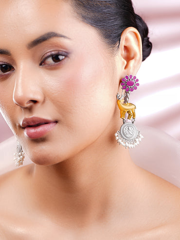 Oxidised Silver-Toned Deer Motif Coin Drop Earrings