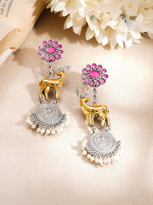 Oxidised Silver-Toned Deer Motif Coin Drop Earrings