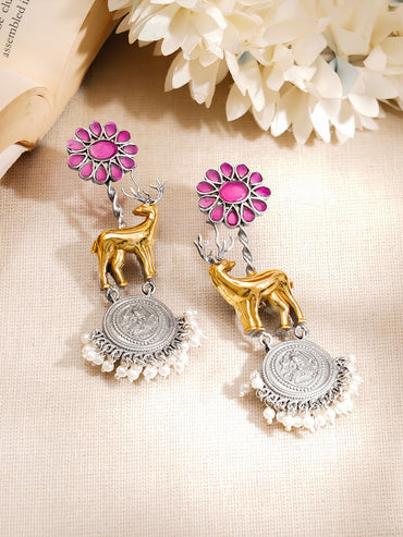 Oxidised Silver-Toned Deer Motif Coin Drop Earrings