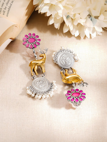 Oxidised Silver-Toned Deer Motif Coin Drop Earrings