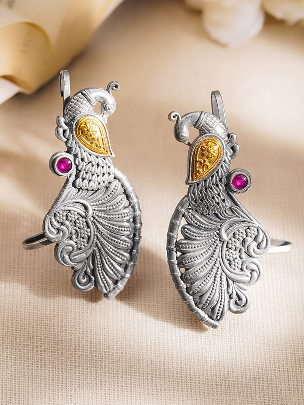 Oxidised Silver Tone Brass Peacock Ear Cuff Earrings with Pink Accent