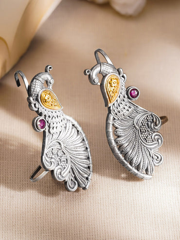 Oxidised Silver Tone Brass Peacock Ear Cuff Earrings with Pink Accent