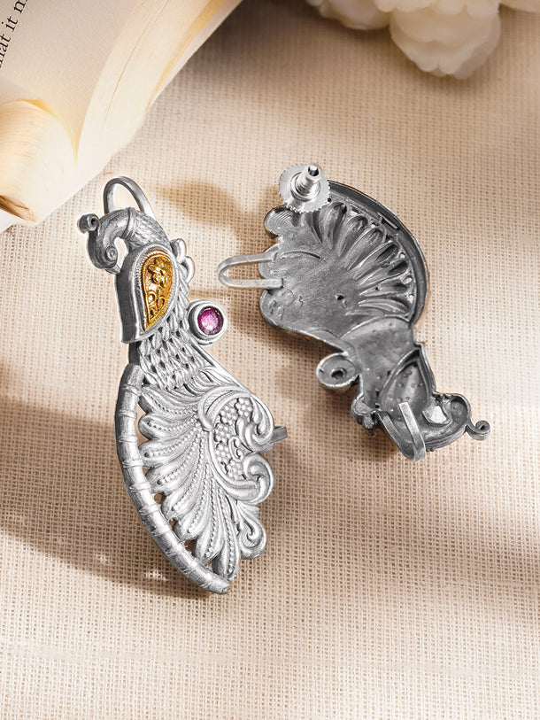 Oxidised Silver Tone Brass Peacock Ear Cuff Earrings with Pink Accent