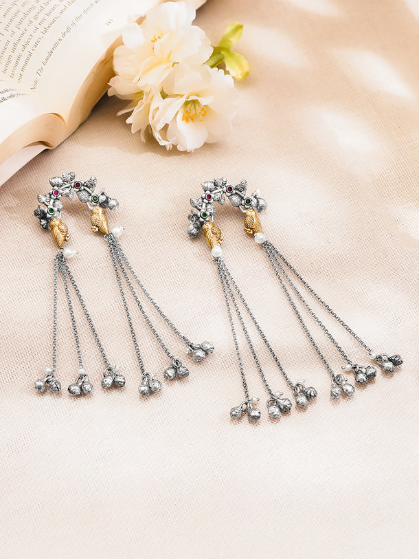 Oxidised Statement Silver Chain Tassel Earrings