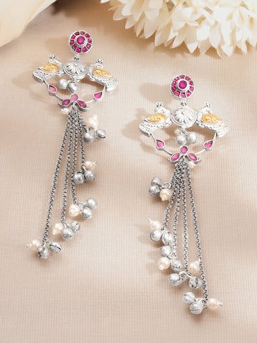 Oxidised Peacock Motif Long Chain Tassel Dangler Earrings