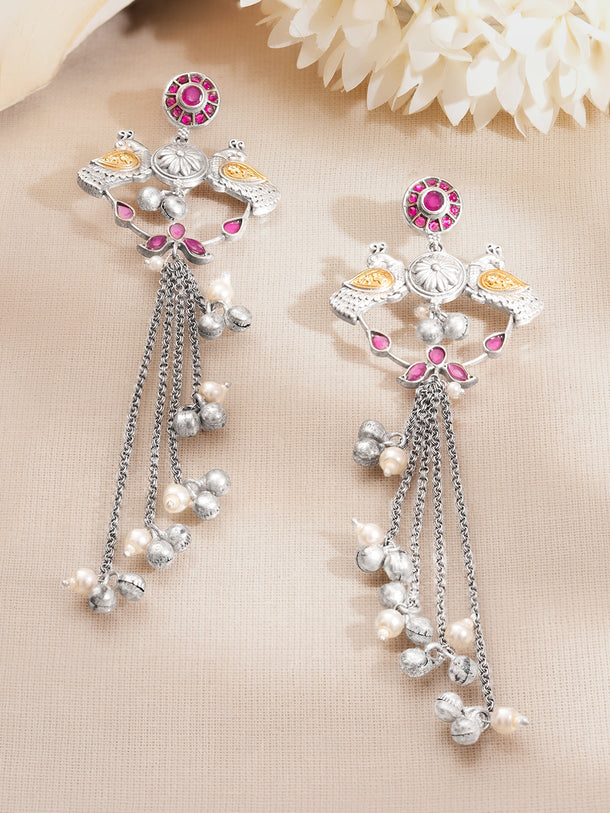 Oxidised Peacock Motif Long Chain Tassel Dangler Earrings