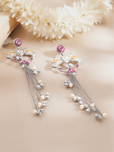 Oxidised Peacock Motif Long Chain Tassel Dangler Earrings