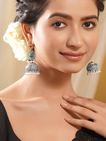 Rubans Oxidised Dual Tone Silver Gold Brass Green Red Pearl Jhumki Earrings