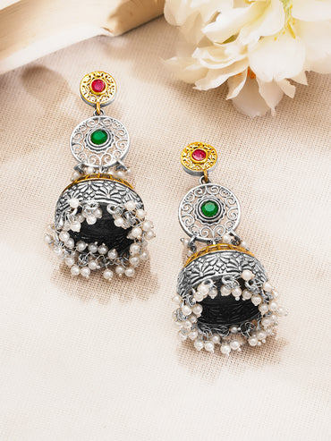 Rubans Oxidised Dual Tone Silver Gold Brass Green Red Pearl Jhumki Earrings