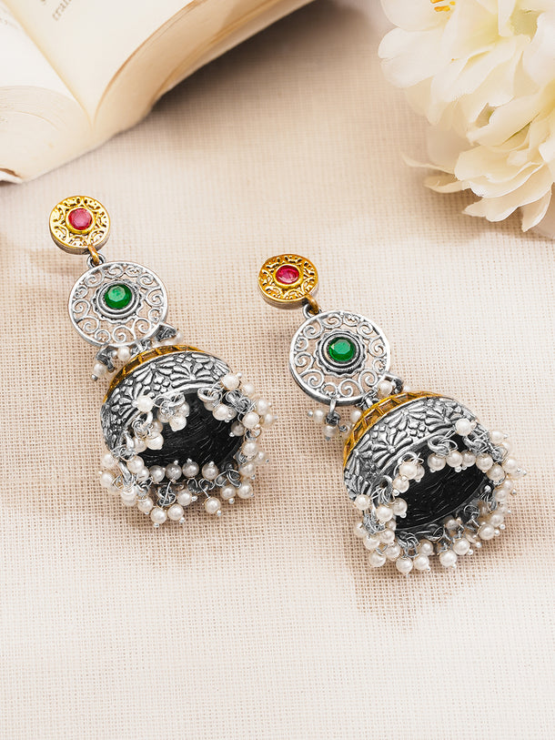 Rubans Oxidised Dual Tone Silver Gold Brass Green Red Pearl Jhumki Earrings
