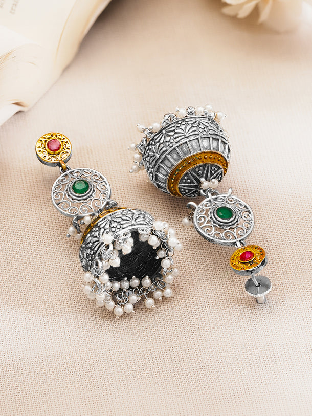 Rubans Oxidised Dual Tone Silver Gold Brass Green Red Pearl Jhumki Earrings