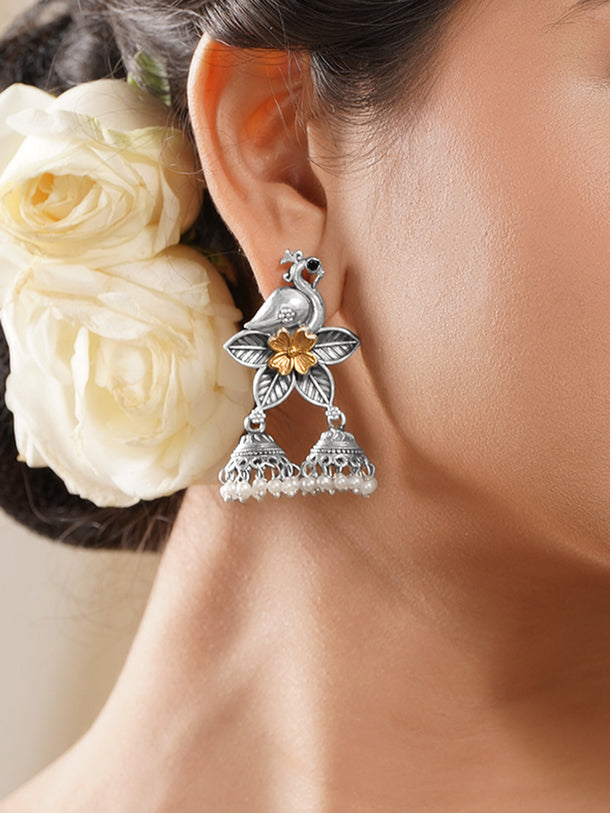 Rubans Oxidised Silver Gold Brass Bird Floral Pearl Jhumki Dangler Earrings