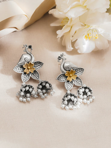 Rubans Oxidised Silver Gold Brass Bird Floral Pearl Jhumki Dangler Earrings