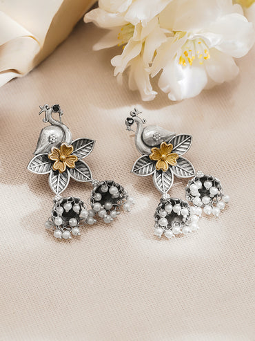 Rubans Oxidised Silver Gold Brass Bird Floral Pearl Jhumki Dangler Earrings