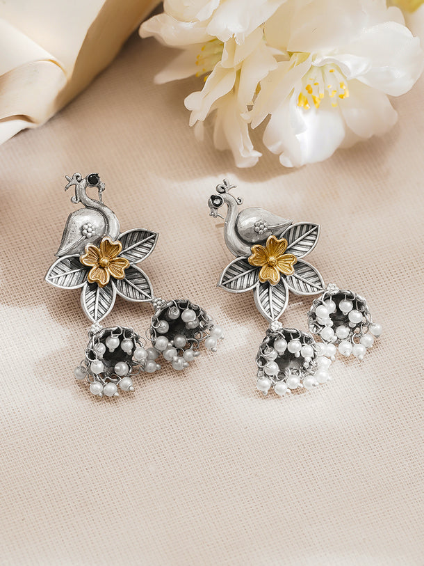 Rubans Oxidised Silver Gold Brass Bird Floral Pearl Jhumki Dangler Earrings