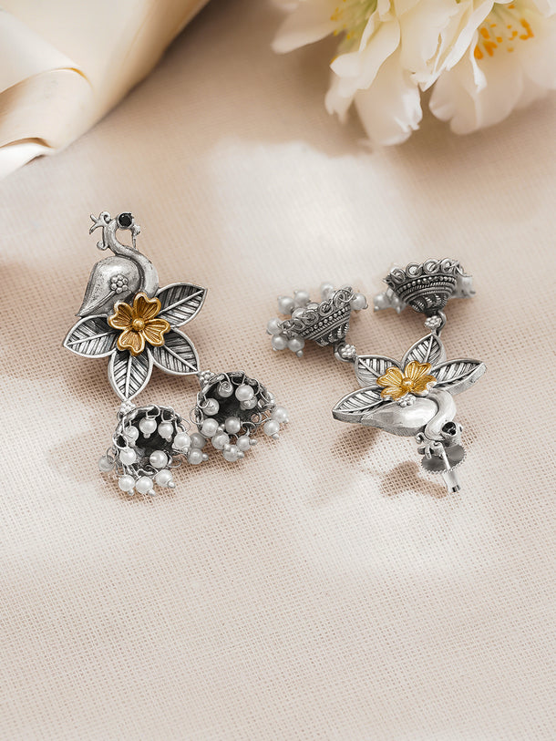 Rubans Oxidised Silver Gold Brass Bird Floral Pearl Jhumki Dangler Earrings