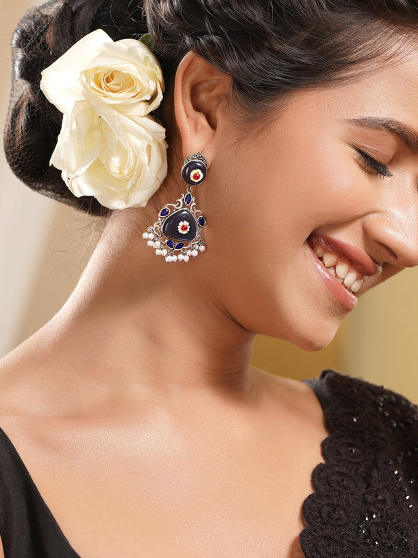 Rubans Oxidised Silver Plated Blue Enamel Floral Drop Earrings