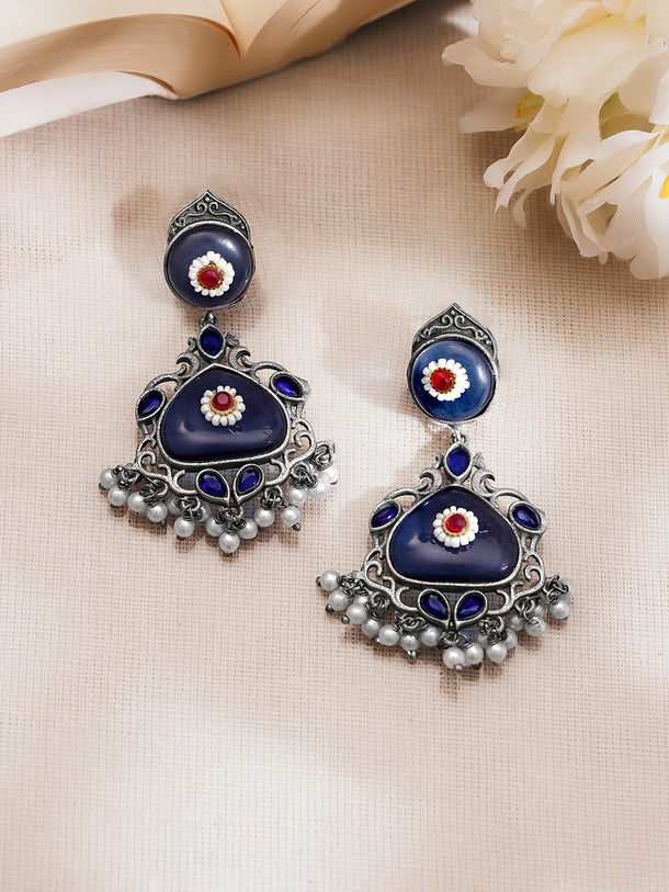 Rubans Oxidised Silver Plated Blue Enamel Floral Drop Earrings