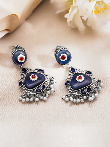 Rubans Oxidised Silver Plated Blue Enamel Floral Drop Earrings