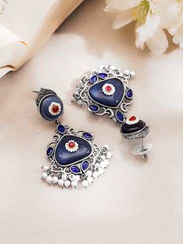 Rubans Oxidised Silver Plated Blue Enamel Floral Drop Earrings