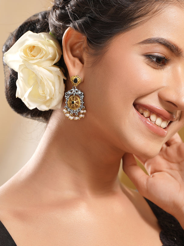 Rubans Oxidised Silver Plated Dual Tone Brass Peacock Motif Pearl Drop Earrings