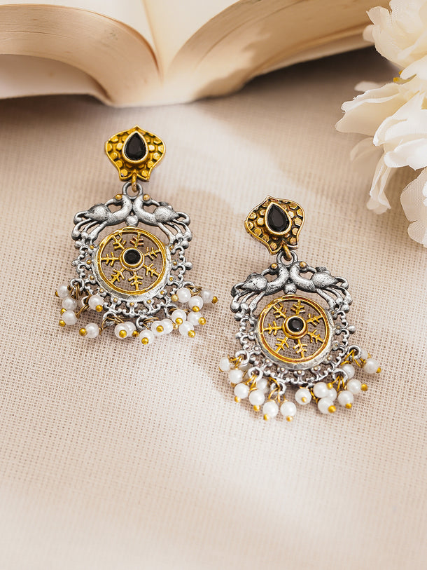 Rubans Oxidised Silver Plated Dual Tone Brass Peacock Motif Pearl Drop Earrings