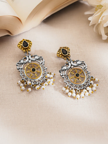 Rubans Oxidised Silver Plated Dual Tone Brass Peacock Motif Pearl Drop Earrings