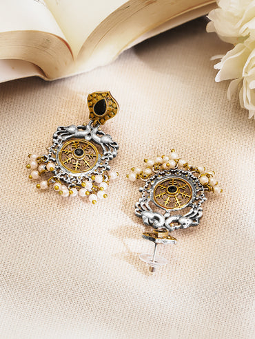 Rubans Oxidised Silver Plated Dual Tone Brass Peacock Motif Pearl Drop Earrings