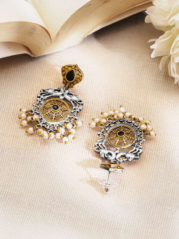 Rubans Oxidised Silver Plated Dual Tone Brass Peacock Motif Pearl Drop Earrings