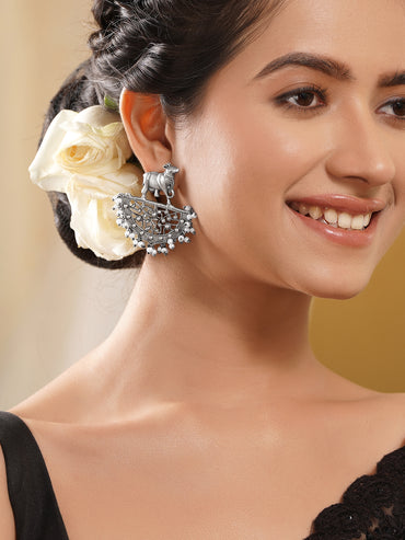 Rubans Oxidised Silver Plated Brass Cow Motif Pearl Chandbali Earrings