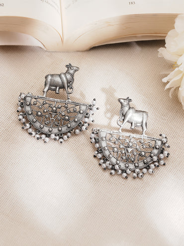 Rubans Oxidised Silver Plated Brass Cow Motif Pearl Chandbali Earrings