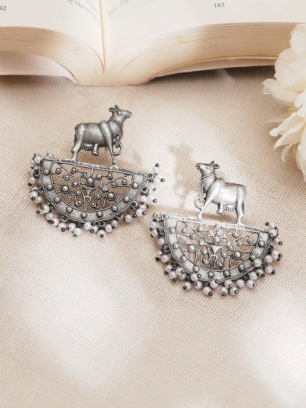 Rubans Oxidised Silver Plated Brass Cow Motif Pearl Chandbali Earrings