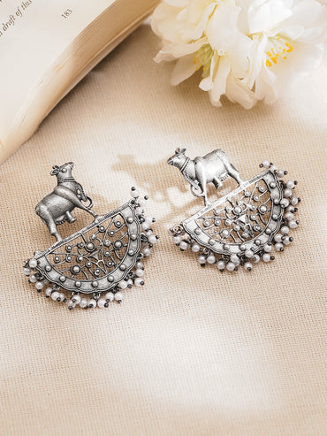 Rubans Oxidised Silver Plated Brass Cow Motif Pearl Chandbali Earrings