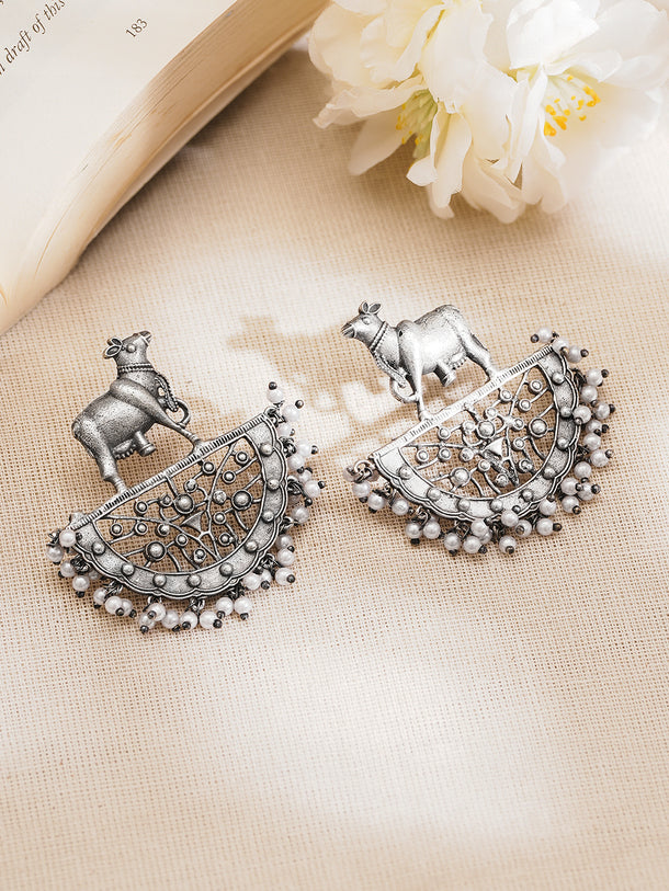 Rubans Oxidised Silver Plated Brass Cow Motif Pearl Chandbali Earrings