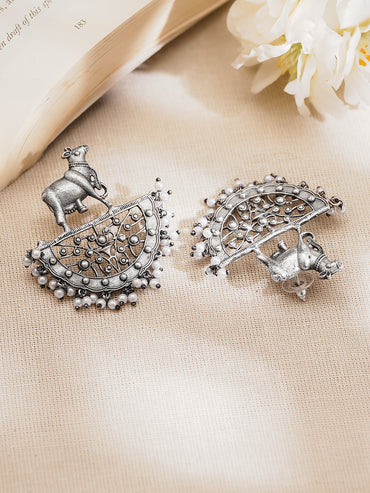 Rubans Oxidised Silver Plated Brass Cow Motif Pearl Chandbali Earrings