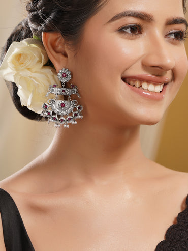 Rubans Oxidised Silver Plated Brass Ruby Red Pearl Chandbali Earrings